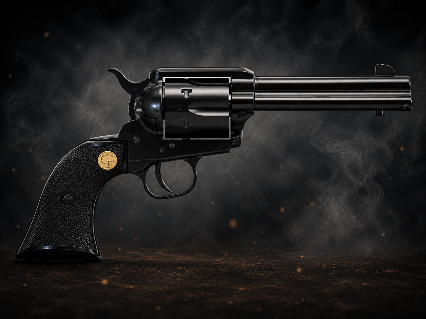 Blued single-action revolver with checkered black grips and a long barrel on a dark surface