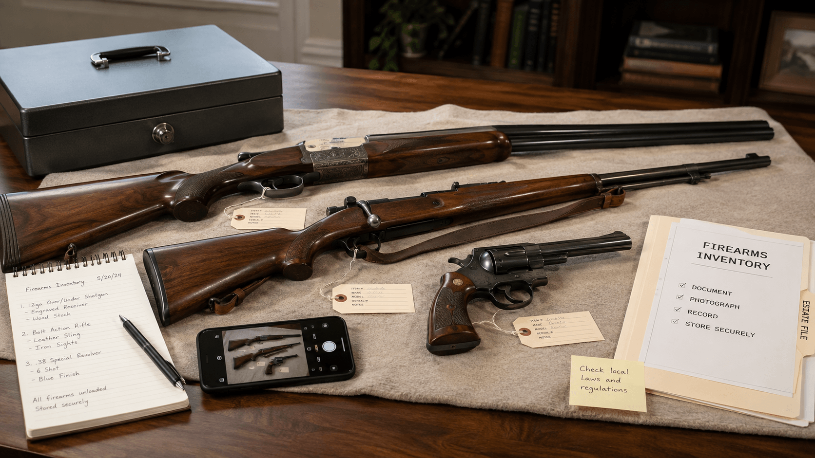 Inherited firearm collection being inventoried and photographed with tags, a written inventory list and an estate file