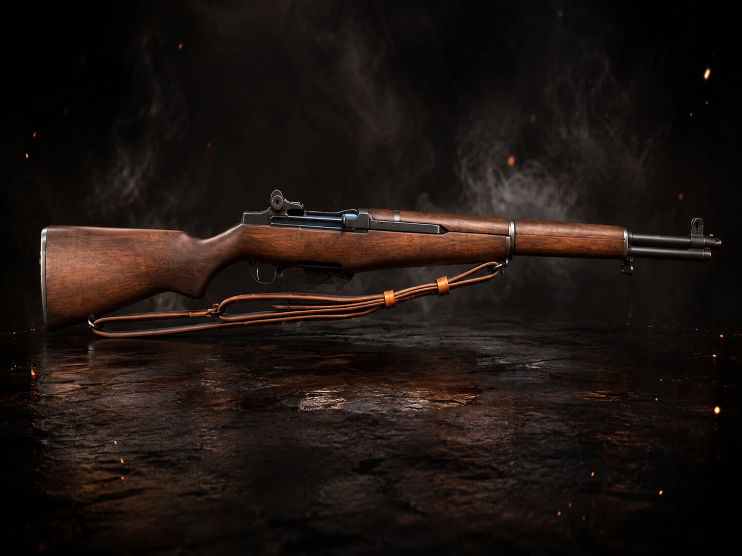 Collectible World War II era semi-automatic service rifle with walnut stock and leather sling on a dark reflective surface