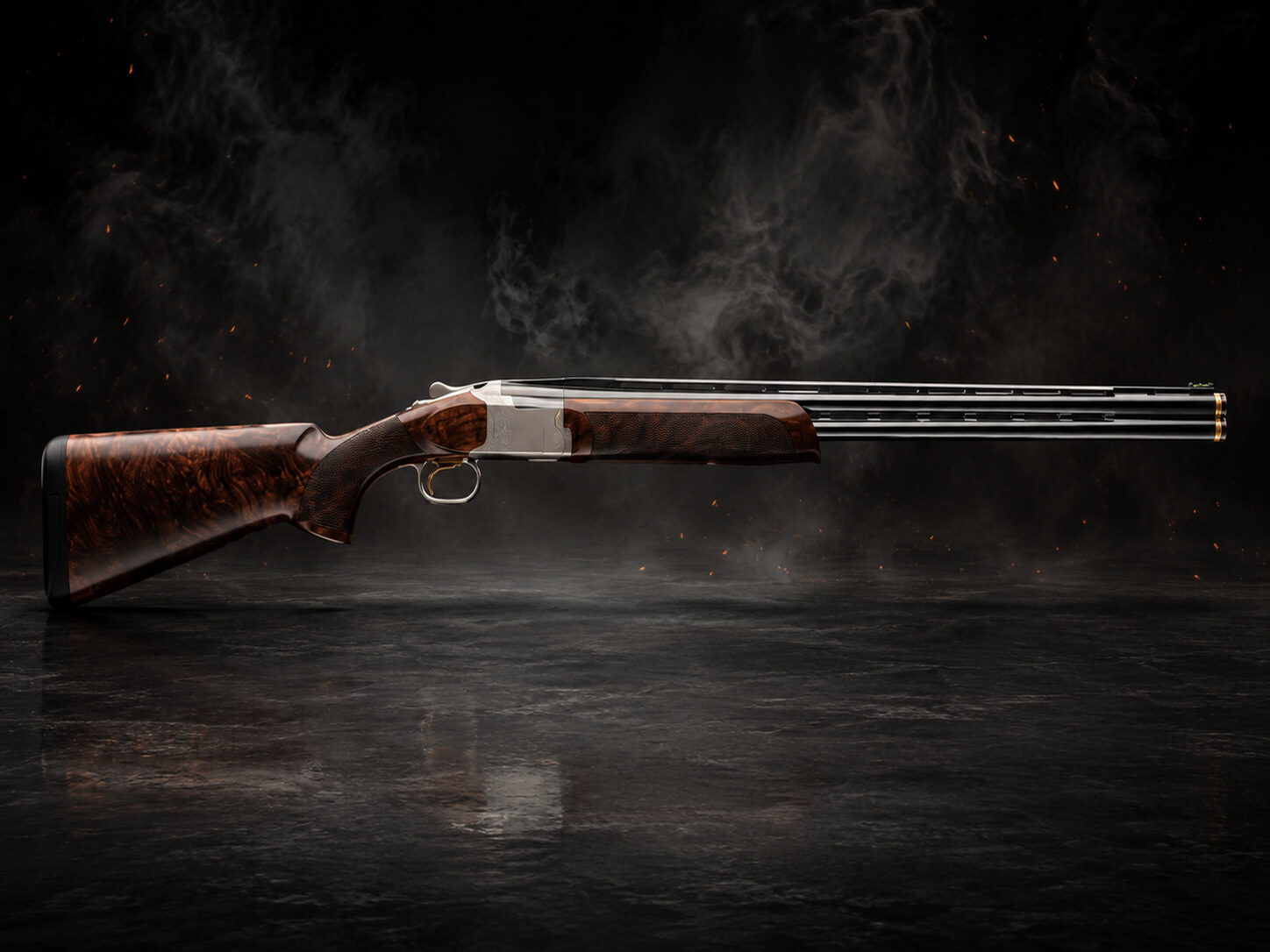 Over-under sporting shotgun with figured walnut stock, silver engraved receiver and gold trigger on a dark studio backdrop