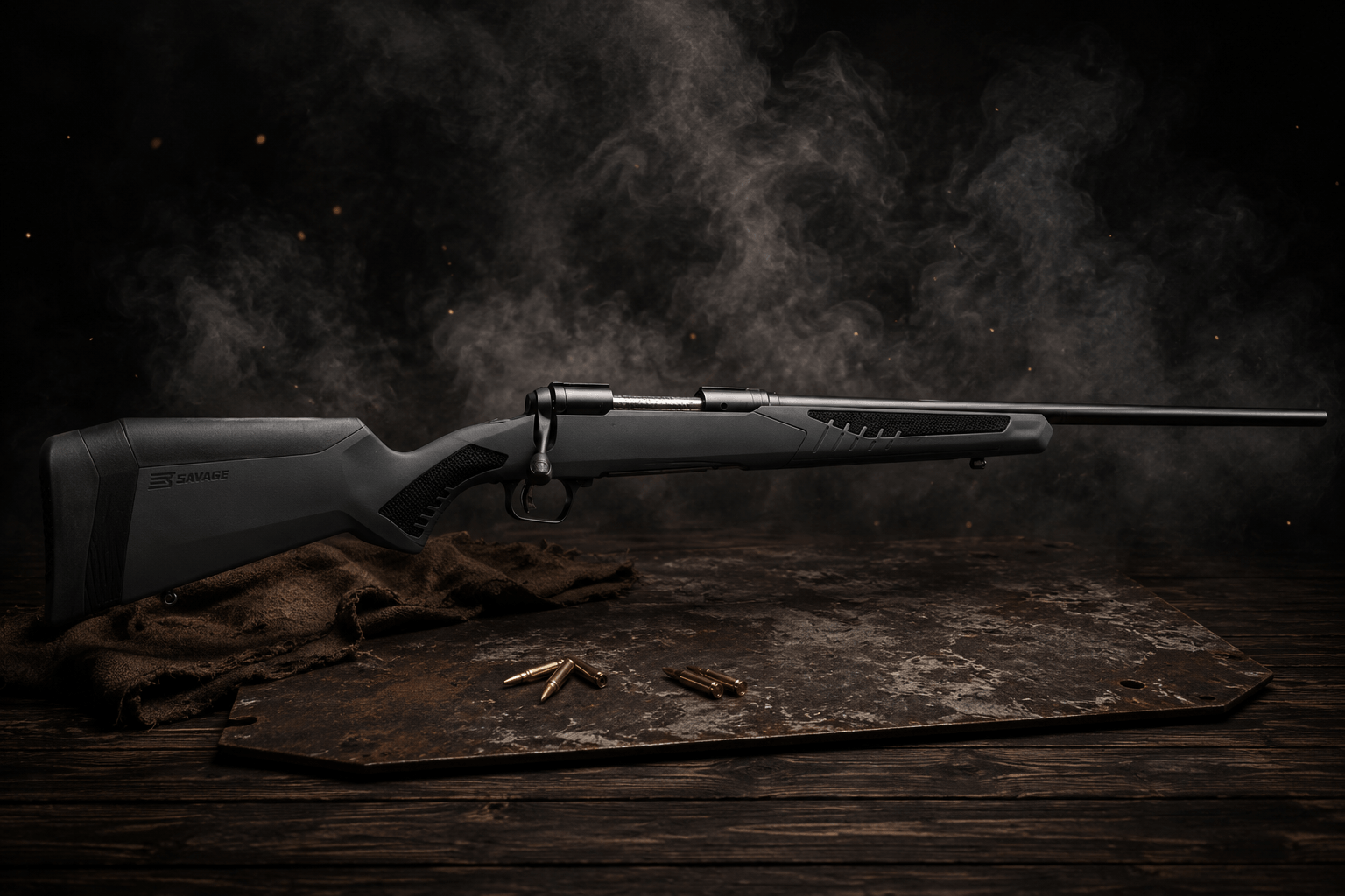 Bolt-action hunting rifle with a grey synthetic stock beside loose centerfire cartridges