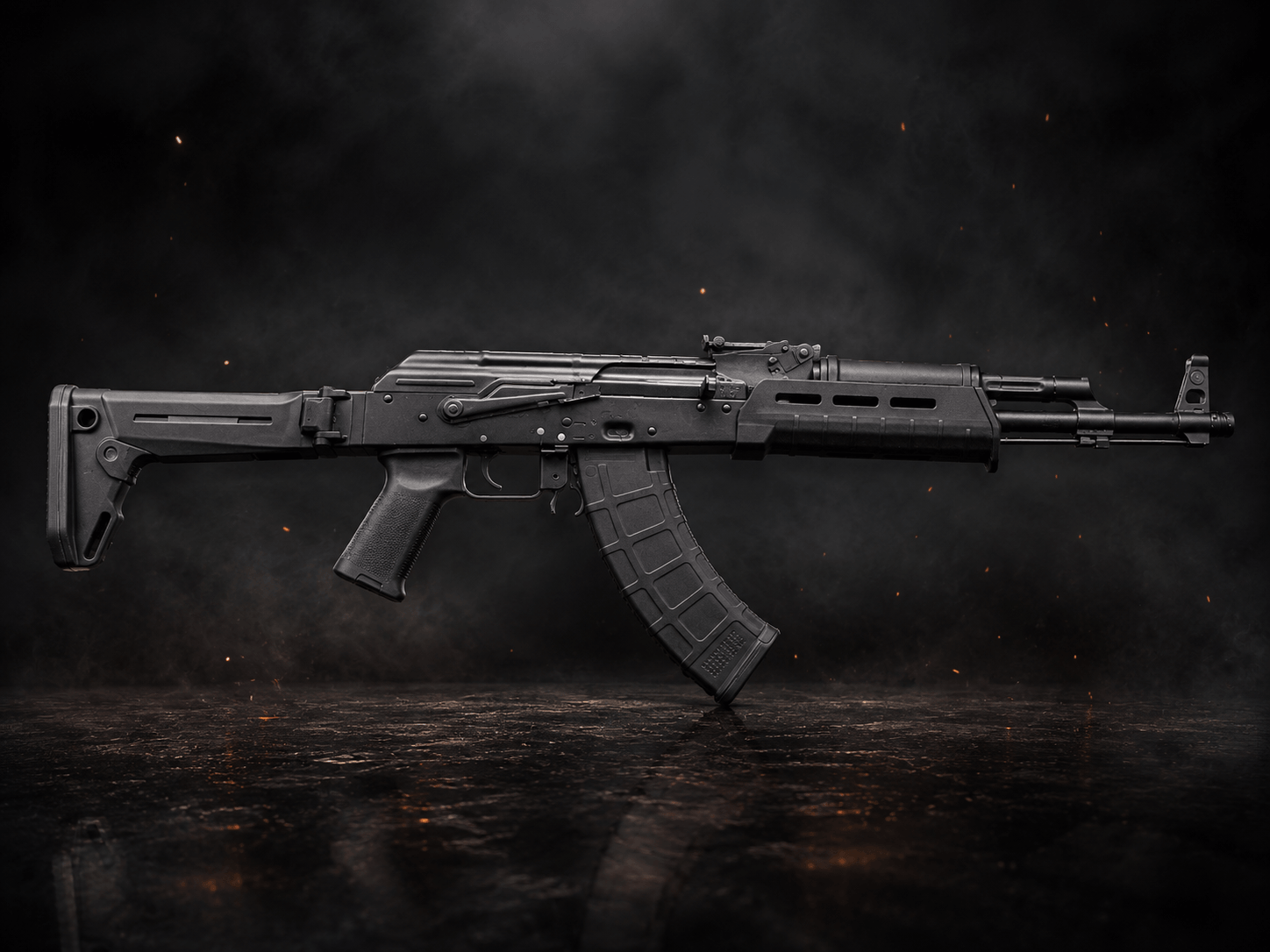 Black military-pattern semi-automatic rifle with folding stock, polymer handguard and curved magazine against a smoky background