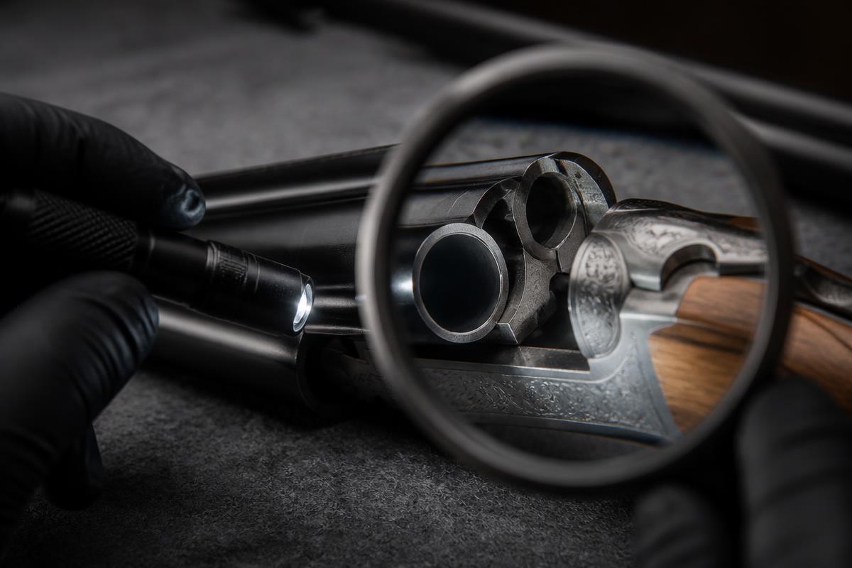 A bore light and magnifier used to examine a shotgun barrel and receiver