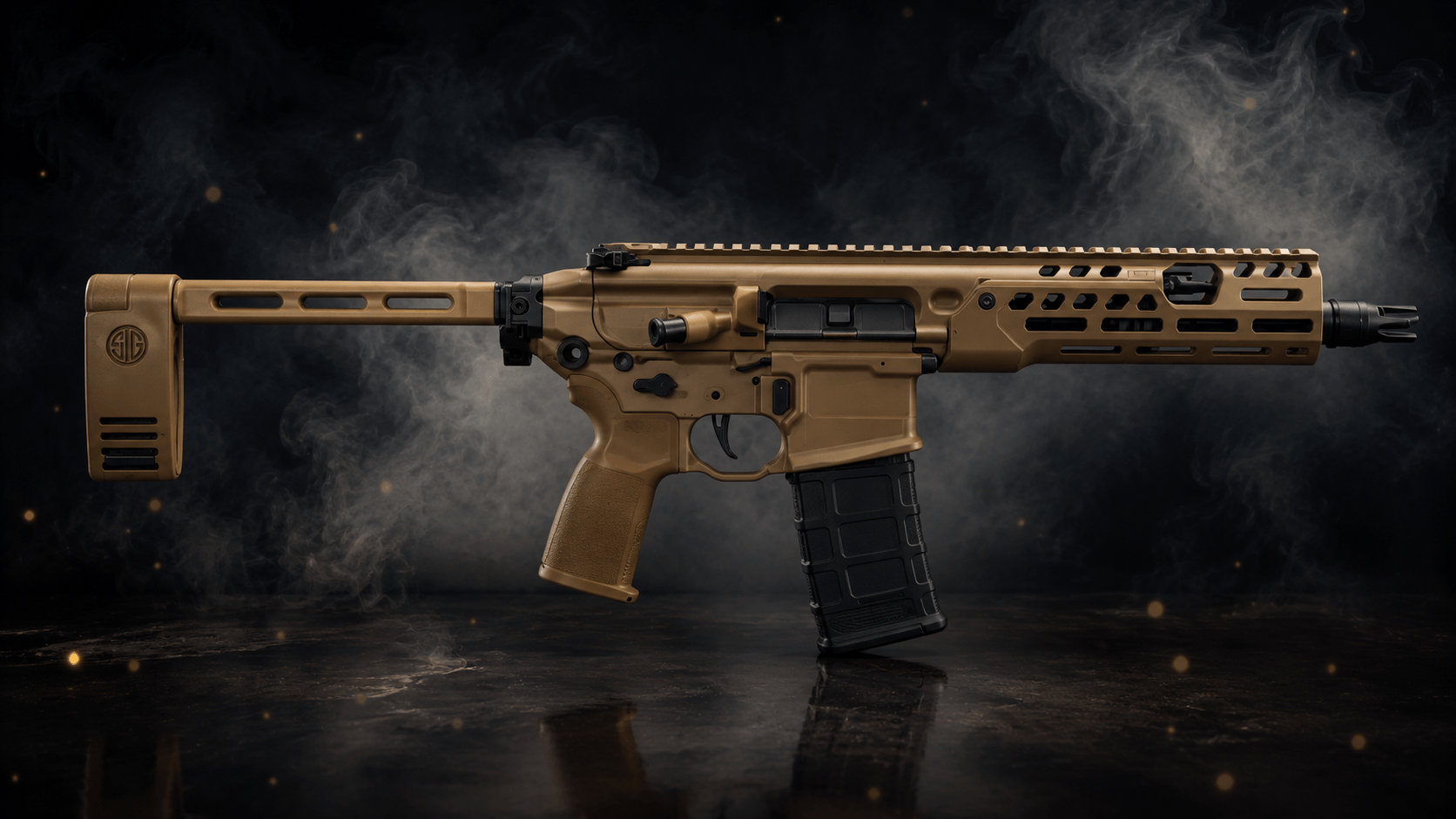 Coyote-tan semi-automatic rifle with M-LOK handguard, folding brace and polymer magazine