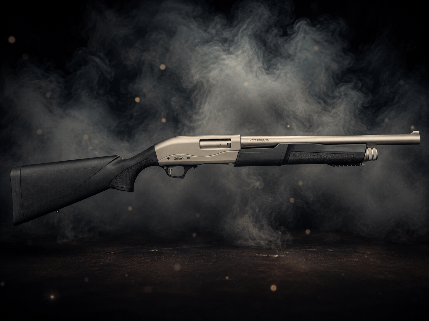 Pump-action shotgun with a nickel receiver and black synthetic stock surrounded by drifting smoke
