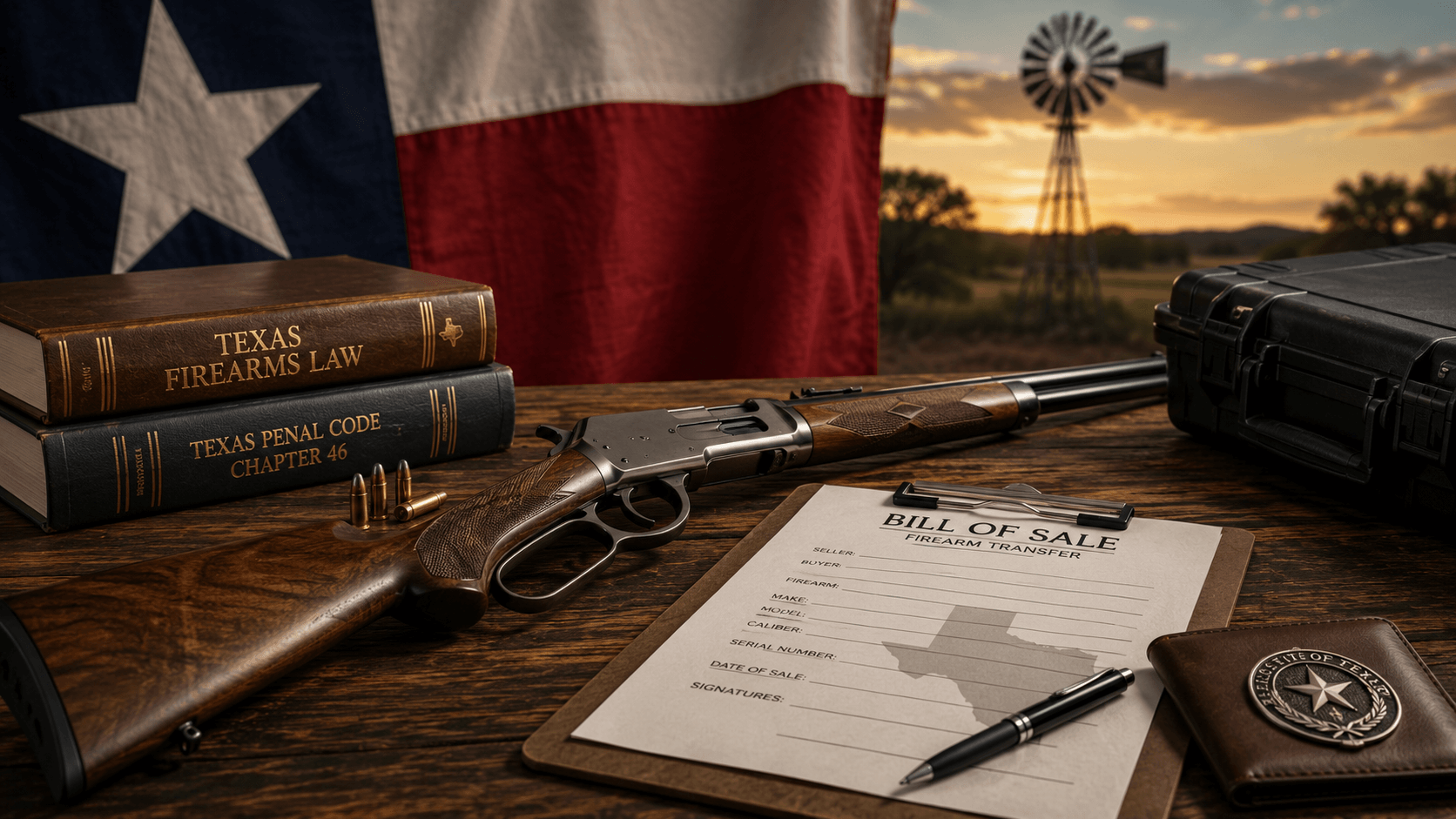 Lever-action rifle with Texas firearms law books, a firearm bill of sale clipboard and a Texas flag at sunset