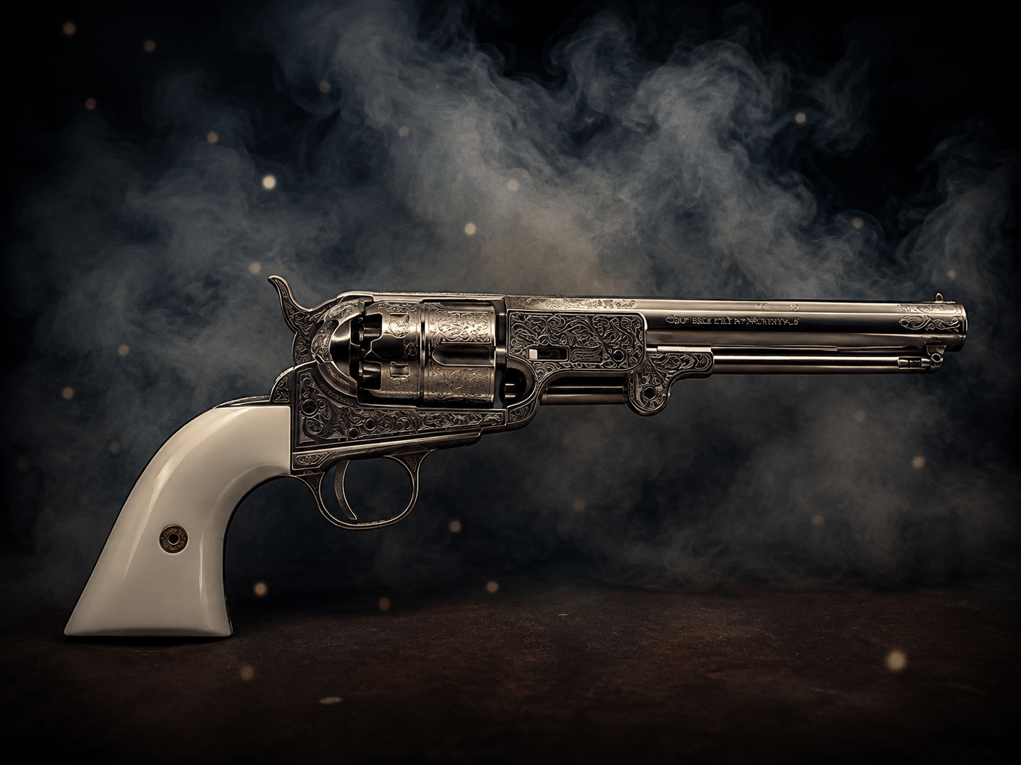 Antique percussion revolver with full scroll engraving, ivory grips and a long octagonal barrel in drifting smoke