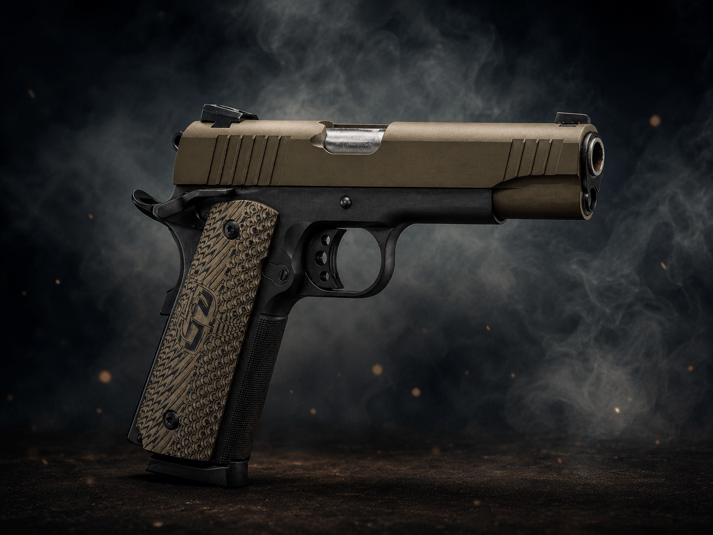 Two-tone 1911-pattern pistol with a bronze slide and textured G10 grips
