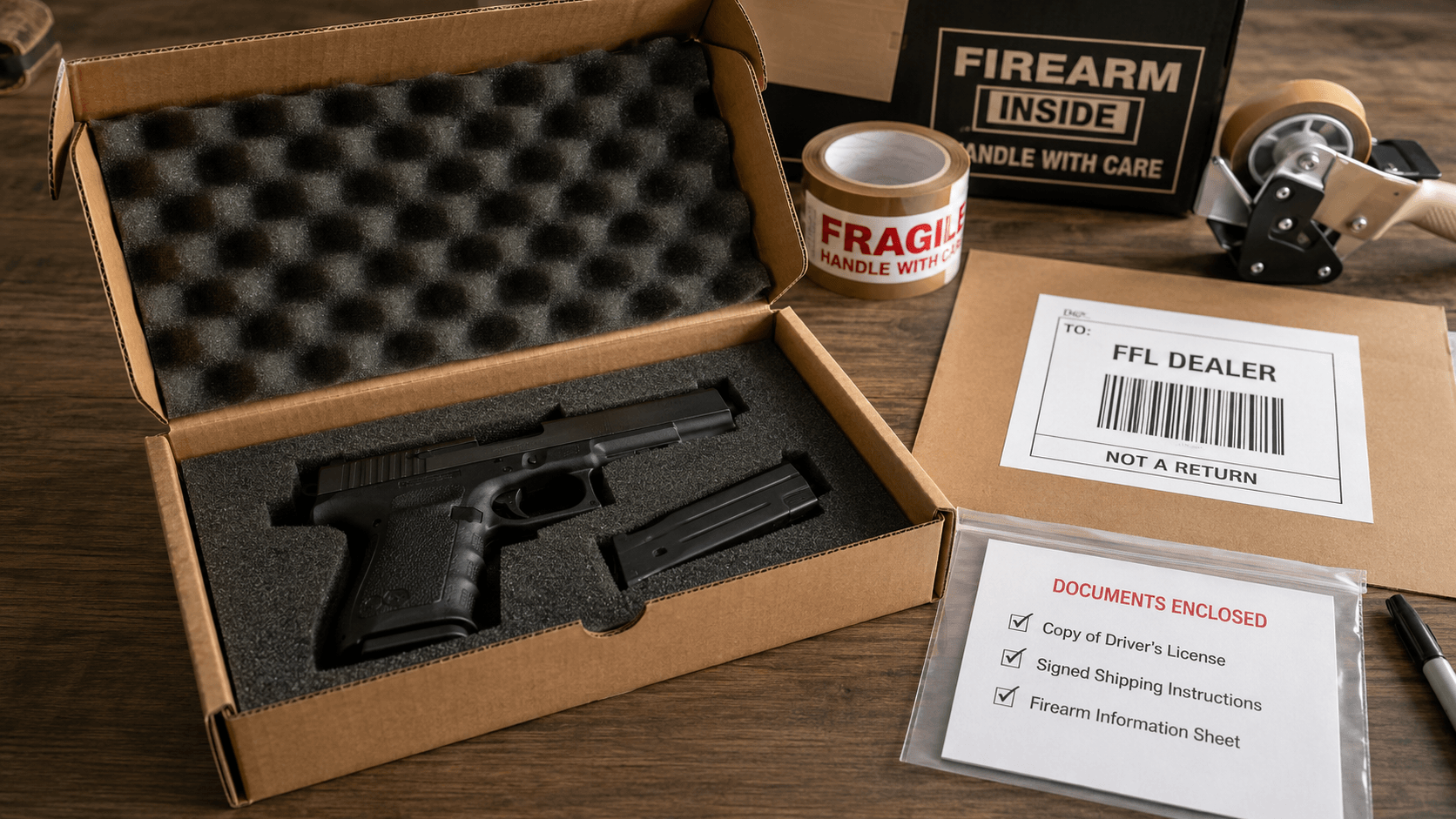 Handgun packed in foam inside a plain shipping box with FFL dealer label, enclosed documents and sealing tape