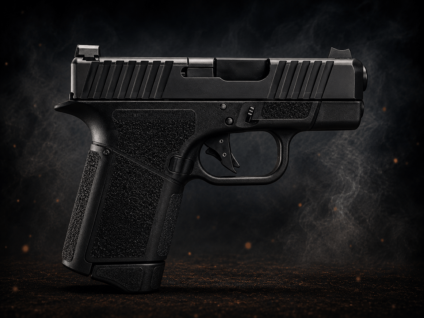 Black polymer-framed semi-automatic pistol with extended magazine, photographed against a dark studio backdrop