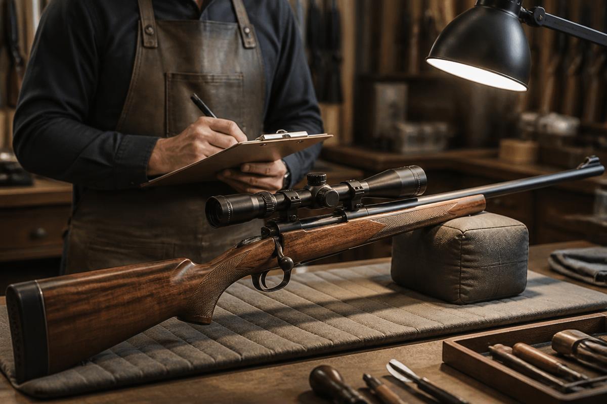 A bolt-action rifle on a padded bench while an evaluator writes notes on a clipboard