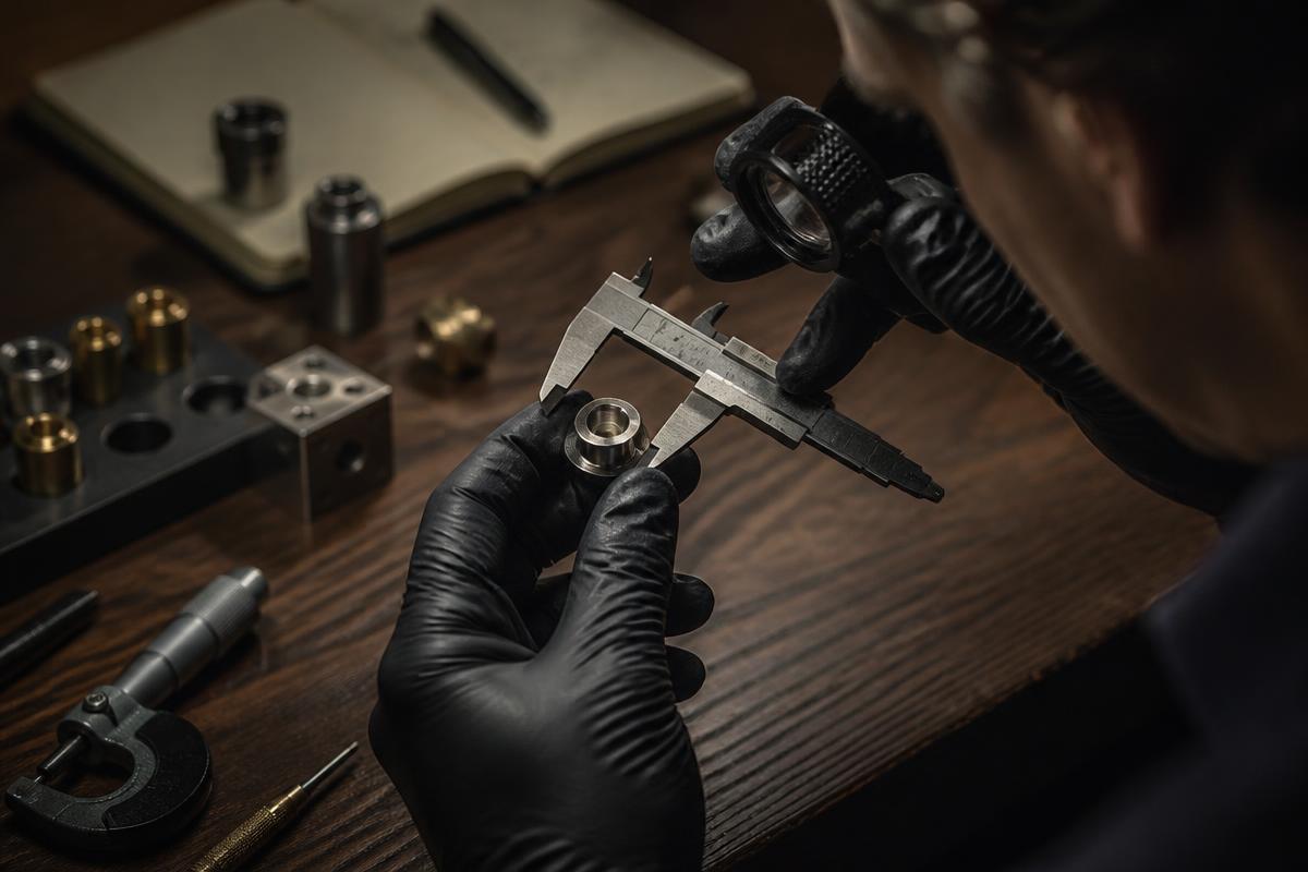 Gloved hands measuring a firearm component with calipers and a loupe on a workbench