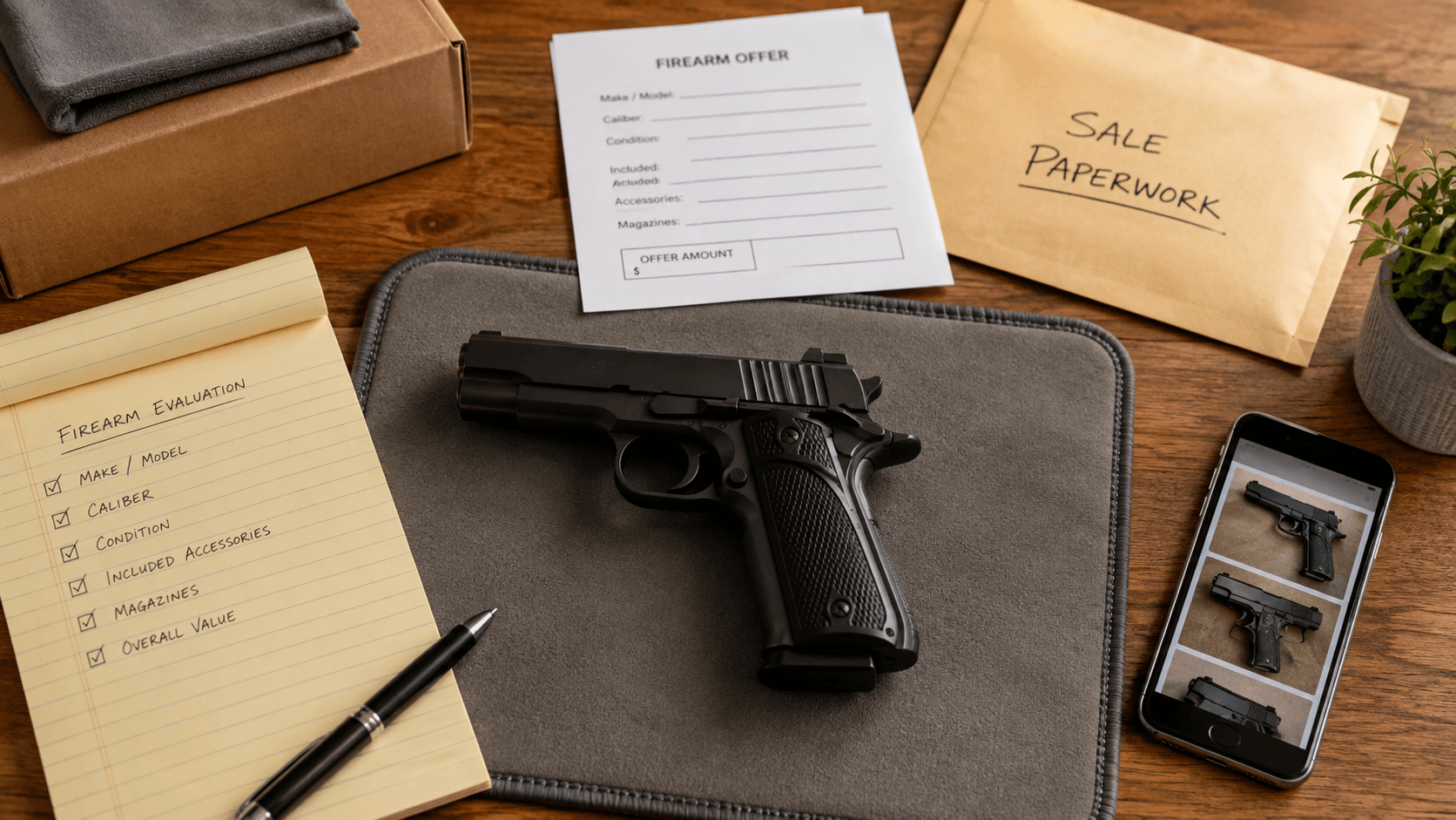 Firearm evaluation checklist, firearm offer sheet and sale paperwork laid out beside a 1911-style pistol on a workbench