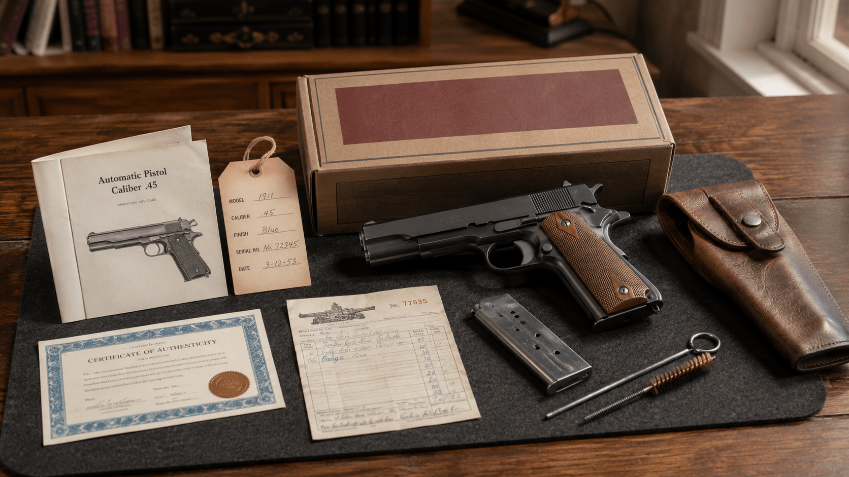 Original Colt .45 automatic pistol with its factory box, manual, hang tag, certificate of authenticity, invoice, magazine and holster