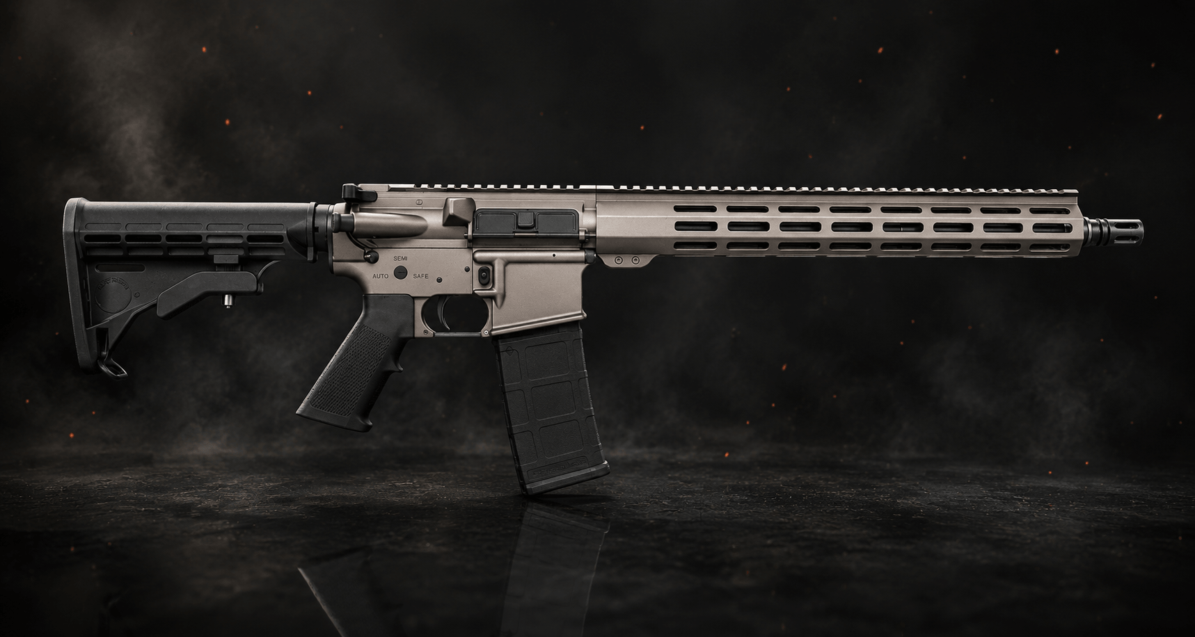 Modern semi-automatic rifle with a free-float handguard and collapsible stock in a dark studio setting