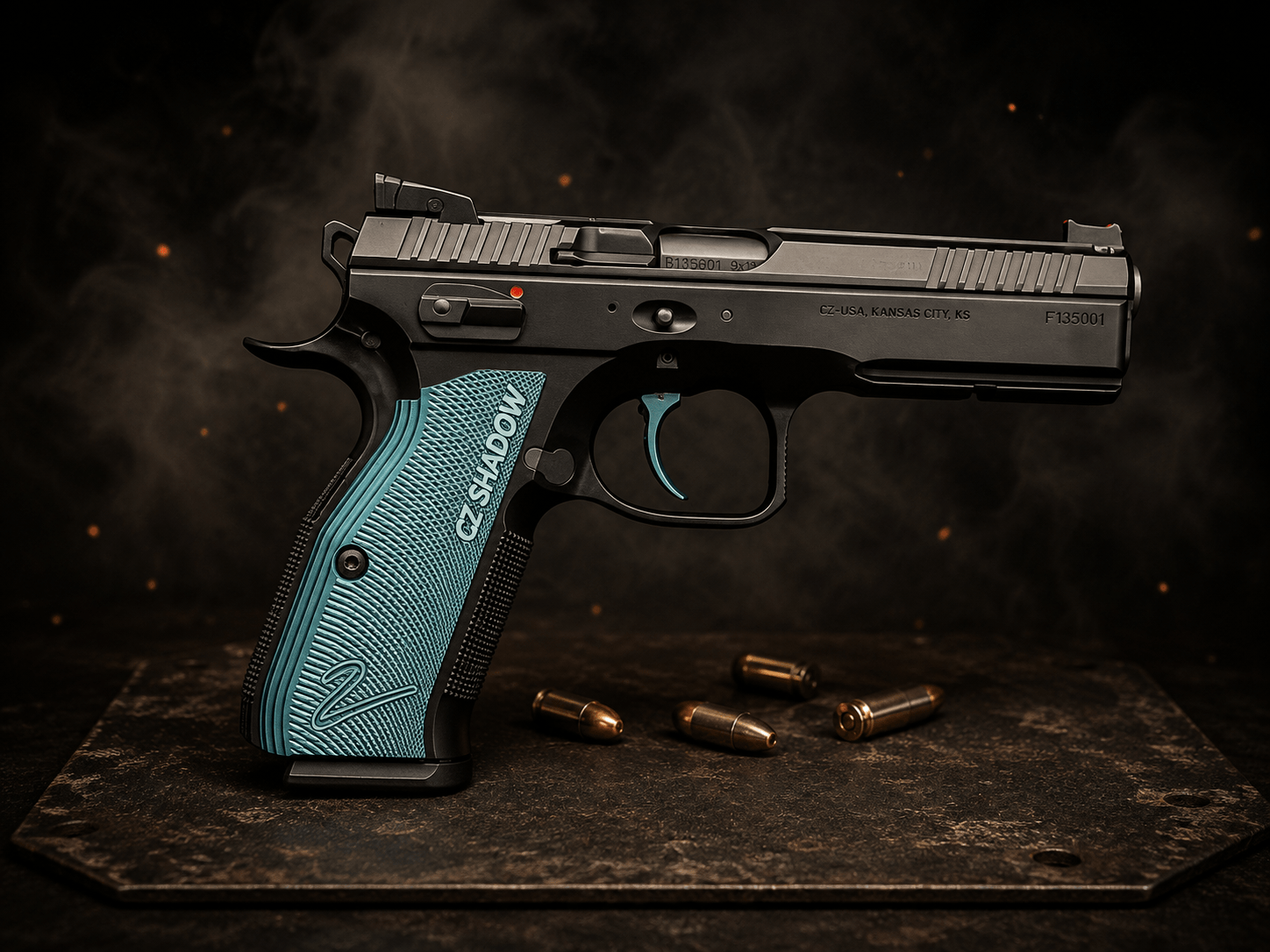 High-end competition pistol with black slide, blue textured grips and matching blue trigger beside loose 9mm cartridges