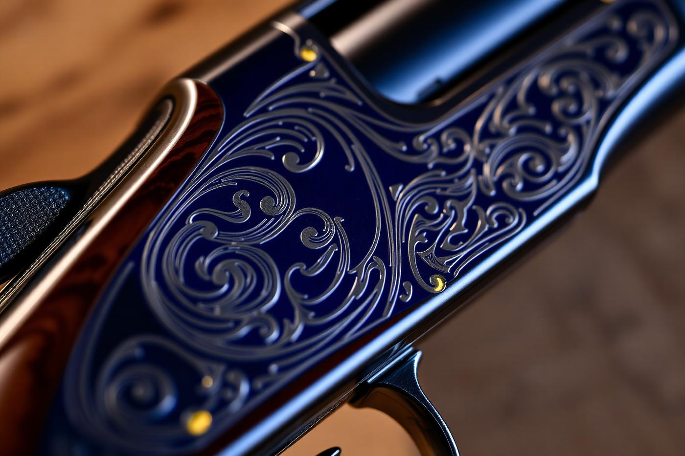 Scroll-engraved receiver with gold inlay detail
